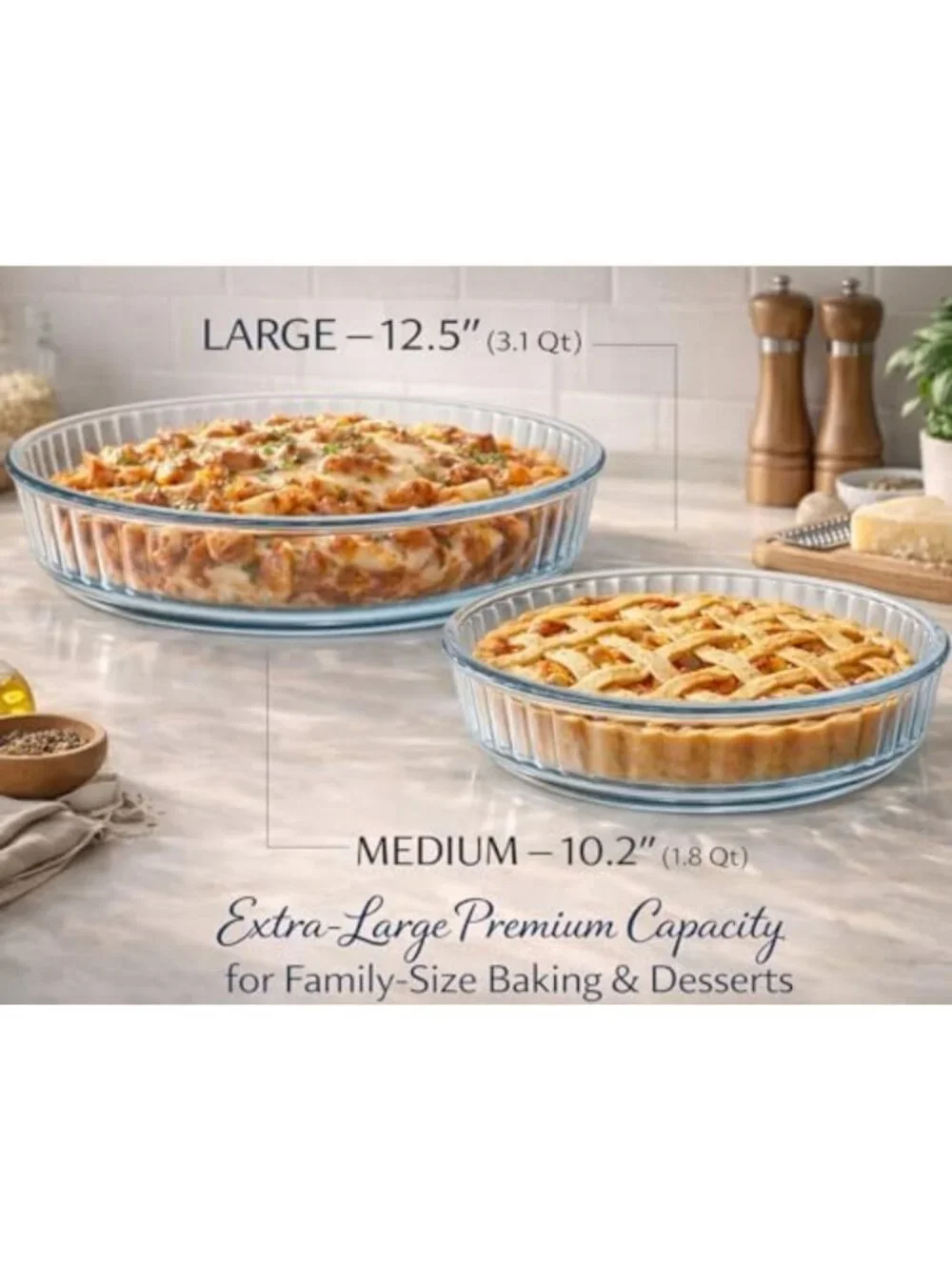 2-Piece Round Glass Baking Dishes Set - Oven Safe Casserole & Pie Pan, 12.5